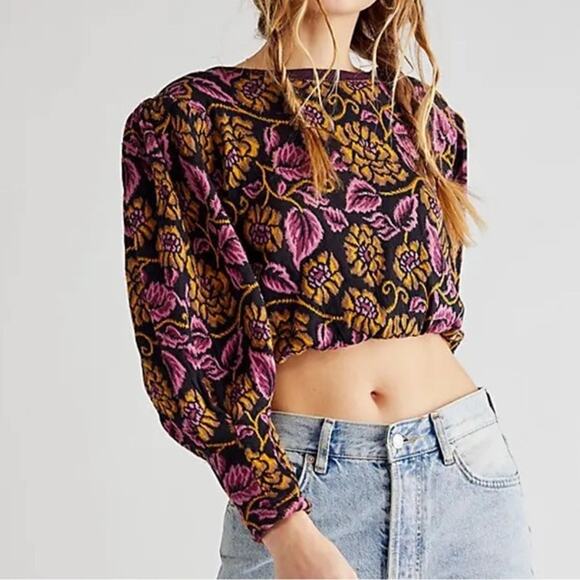 Free People No Ordinary Top Floral Cropped Puff Sleeve Sweater Size Small - Picture 5 of 9